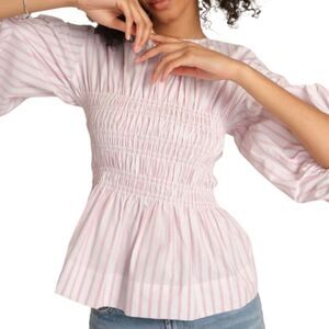 NWT Pink and White Striped Cotton Smocked Peplum Balloon-Sleeve Top Size S
